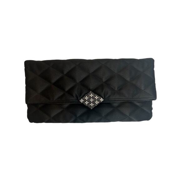 KATE LANDRY Black Clutch Quilted Vtg Purse Evening Folder Bag With Rhinestone - Picture 1 of 16